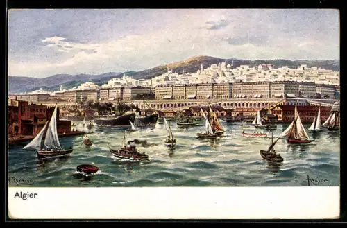 Künstler-AK Friedrich Perlberg: Algier, Gesamtansicht, Hafen, Segelschiffe