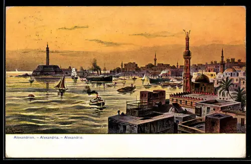 AK Alexandria, Hafeneinfahrt mit Leuchtturm