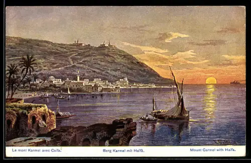 Künstler-AK F.Perlberg: Haifa, Berg Karmel im Sonnenuntergang