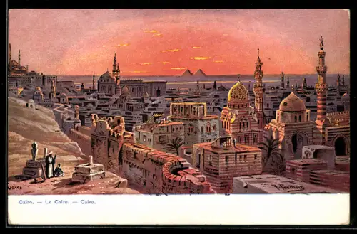 Künstler-AK Kairo, Blick über die Stadt im Abendrot