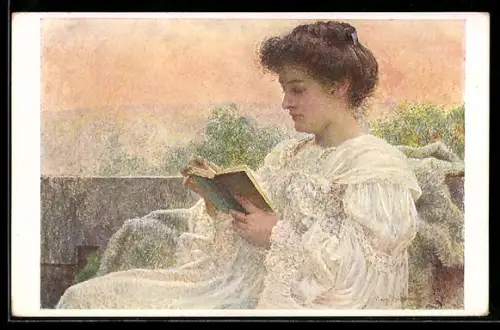 Künstler-AK sign. V. Bukovac: Roman, Lesende junge Dame im Freien