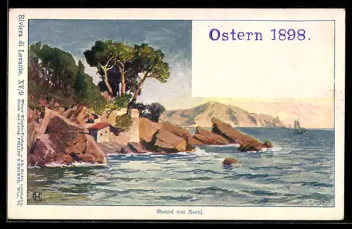 Künstler-AK Philipp + Kramer Nr. XV /9: Nervi, Strand von Nervi, Segelboot