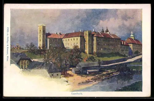 Künstler-AK F. Kopallik: Lambach, Schloss an Flusslauf