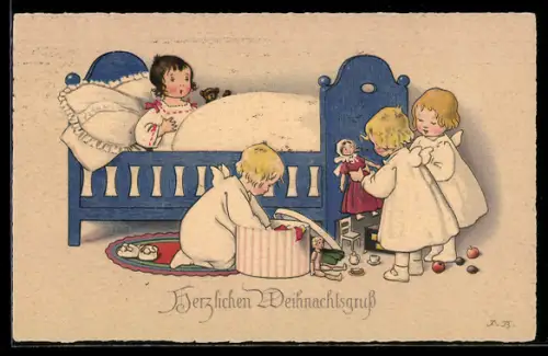 Künstler-AK Fritz Baumgarten: Engel mit Geschenken am Bett eines kleinen Mädchens, Puppe, Teddybär, Weihnachtsgruss