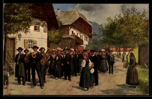 Künstler-AK Heinrich Hoffmann: Hochzeit mit Musikkapelle im Schwarzwald