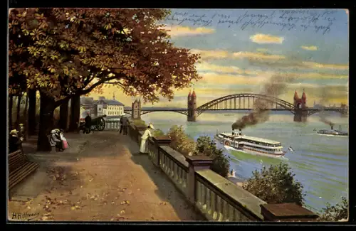 Künstler-AK Bonn, Blick vom alten Boll, Brücke, Rheindampfer, Uferpromenade, Kanone