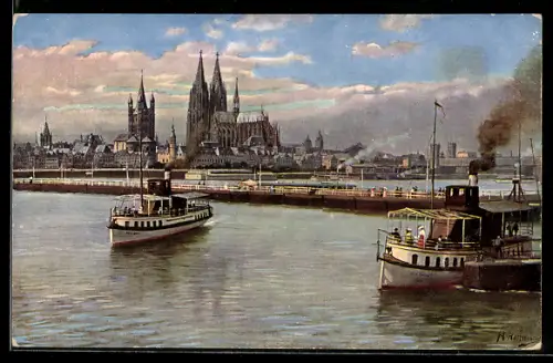 Künstler-AK Köln, Ortsansicht, Dampfer auf dem Rhein