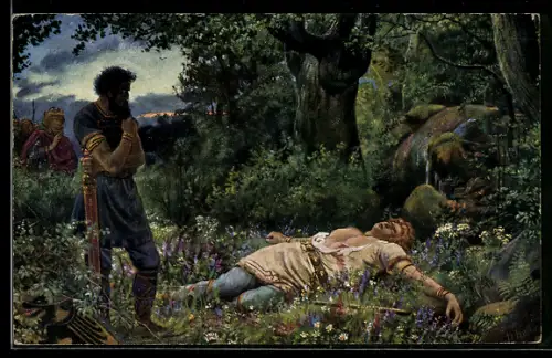 Künstler-AK Heinrich Hoffmann: Nibelungen, Hagen steht neben dem toten Siegfried