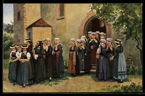 Künstler-AK Heinrich Hoffmann: Schwarzwälderinnen nach der Kirche