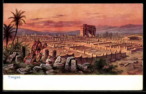 Künstler-AK Friedrich Perlberg: Timgad, am Rande der Tempelruinen, Kamelreiter