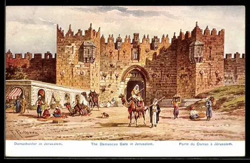 Künstler-AK F.Perlberg: Jerusalem, Damaskustor mit Beduinen