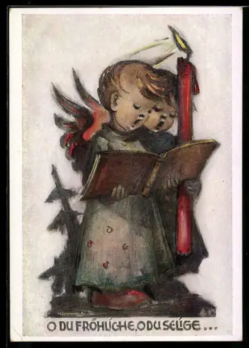 Künstler-AK Hummel: 2 Engel mit Kerze & Liederbuch O Du Fröhliche, O Du Selige...