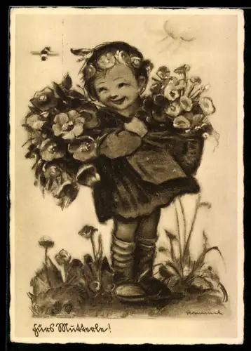 Künstler-AK Hummel: Mädchen mit Blumen für die Mutter