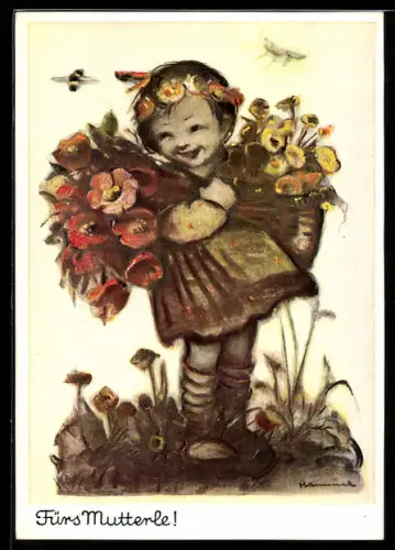 Künstler-AK Hummel: Mädchen mit Blumen für die Mutter