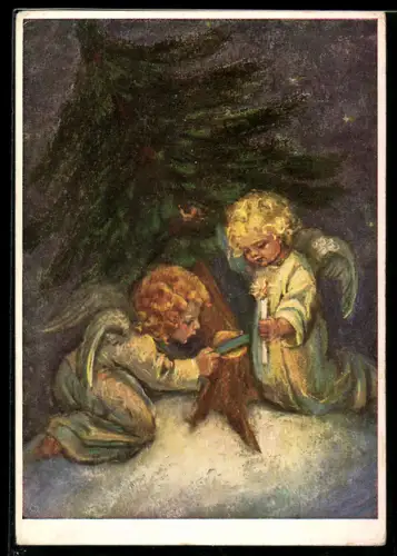 Künstler-AK Maria Spötl: Weihnachtszeit. Zwei kleine Engel sägen einen Tannenbaum ab