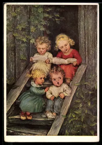Künstler-AK Maria Spötl: Festgesang, Kinder sitzen auf der Treppe und singen