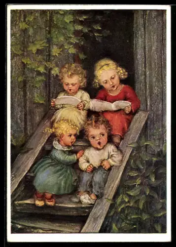 Künstler-AK Maria Spötl: Festgesang, Kinder sitzen auf der Treppe und singen