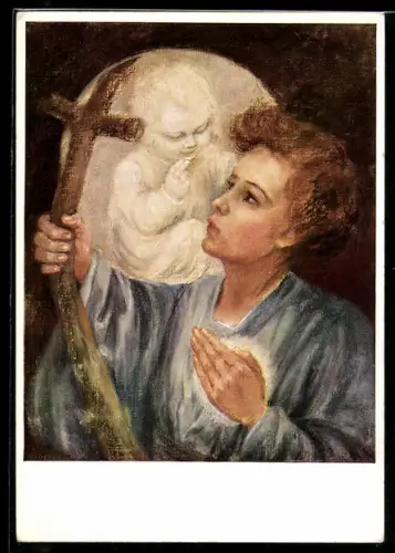 Künstler-AK Maria Spötl: Christusträger, Junge mit Kreuz und Jesus-Erscheinung