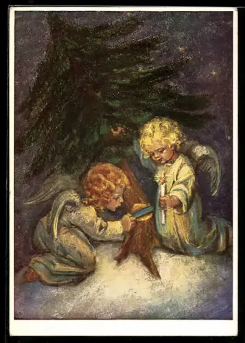 Künstler-AK Maria Spötl: Weihnachtszeit. Zwei kleine Engel sägen einen Tannenbaum ab