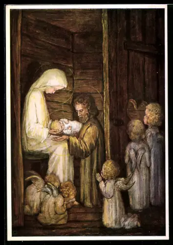 Künstler-AK Maria Spötl: Die erste Weihnacht, Kinder bei der heiligen Familie
