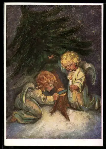 Künstler-AK Maria Spötl: Weihnachtszeit. Zwei kleine Engel sägen einen Tannenbaum ab