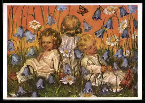 Künstler-AK Maria Spötl: VMS, Kinder zwischen Glockenblumen