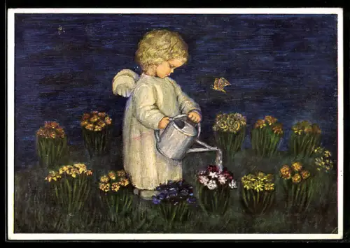 Künstler-AK Maria Spötl: Blumenenglein giesst die Blumen