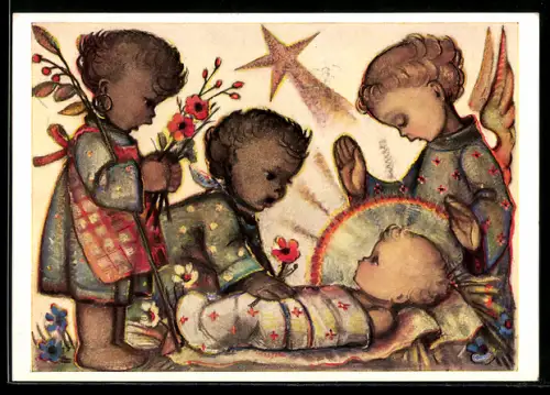 Künstler-AK Hummel: Zwei Kinder und ein Engel stehen am Bettchen des Christuskindes