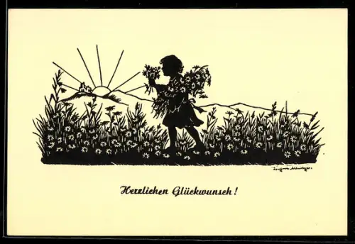 Künstler-AK Josefine Allmayer: Kind mit Blumen in der aufgehenden Sonne, Scherenschnitt