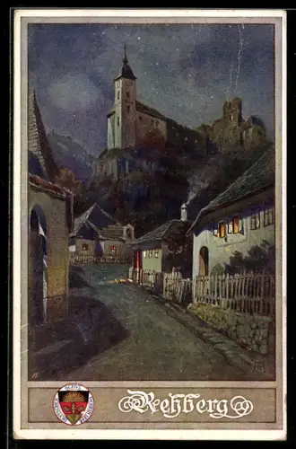 Künstler-AK Rehberg, Strassenpartie mit Kirche bei Nacht