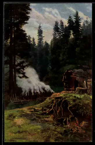 Künstler-AK H. Hoffmann: Köhler im Schwarzwald mit Meiler