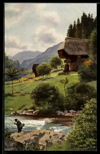Künstler-AK H. Hoffmann: Wolfach, Hütte am Waldrand, Angler am Fluss