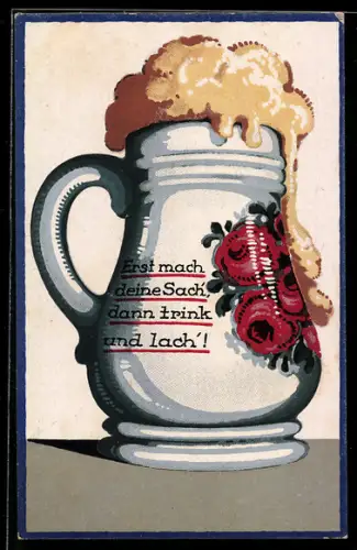 Künstler-AK Gefüllter Bierkrug mit Rosenmotiv