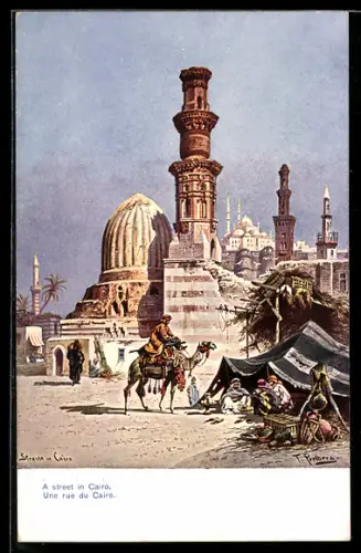 Künstler-AK Friedrich Perlberg: Cairo, Strasse in Cairo, Kamelreiter