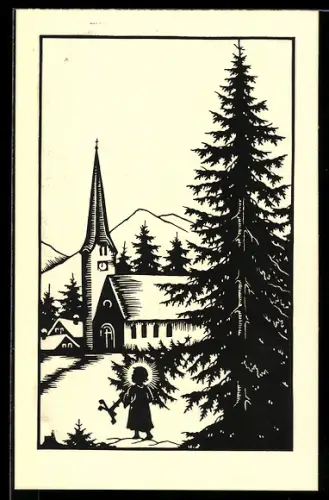 Künstler-AK Josefine Allmayer: Englein mit Tannenbaum vor Kirche