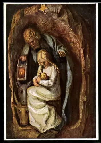 Künstler-AK Maria Spötl: In treuer Hut, Heilige Familie aus Holz geschnitzt