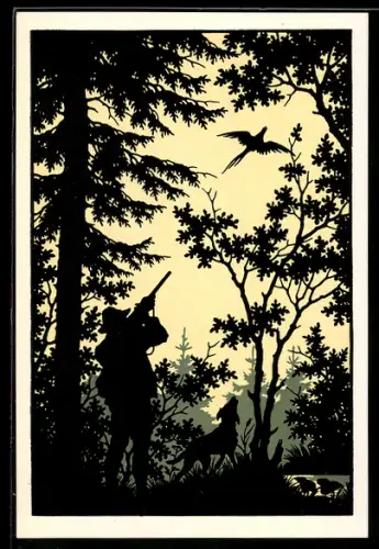 Künstler-AK Josefine Allmayer: Jäger zielt mit seiner Flinte auf einen Vogel, Silhouette
