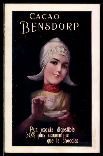 AK Reklame Cacao Bensdorp, Mädchen mit Tasse
