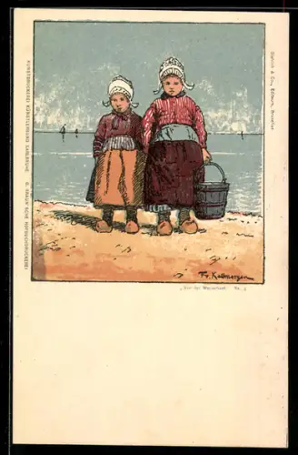 Künstler-AK Friedrich Kallmorgen: Karlsruhe, Künstlerbund, zwei holländische Mädchen in Tracht am Strand, Jugendstil