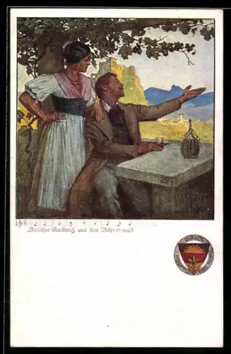 Künstler-AK Karl Friedrich Gsur: Deutscher Schulverein NR 461: Zwischen Frankreich und dem Böhmerwald, Paar, Weinflasche