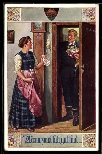 Künstler-AK Franz Kuderna: Deutscher Schulverein NR. 829: Wenn zwei sich gut sind, Mann kommt mit Blumen zu Besuch