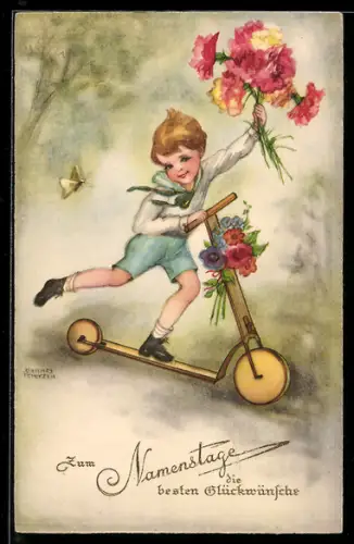AK Kind auf Tretroller mit Blumen, Spielzeug