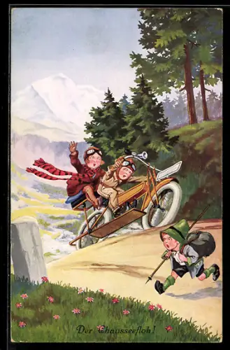 AK Pärchen rast mit dem Motorrad über einen Waldweg