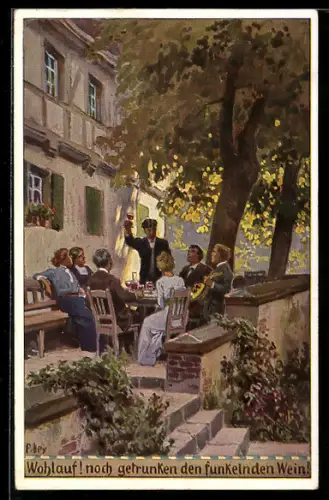 Künstler-AK P. Hey, Volksliederkarte Nr.70: Wohlauf! noch getrunken., fröhliche Gesellschaft auf der Terrasse