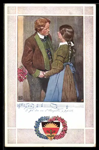 Künstler-AK Karl Friedrich Gsur, Deutscher Schulverein Nr. 374: Ein verliebtes Paar in Trachten