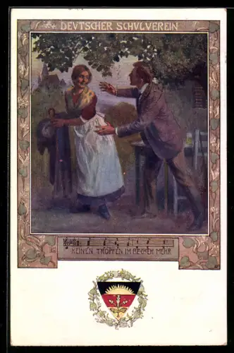 Künstler-AK Karl Friedrich Gsur, Deutscher Schulverein Nr. 84: Keinen Tropfen im Becher mehr, Gast und Schankmaid
