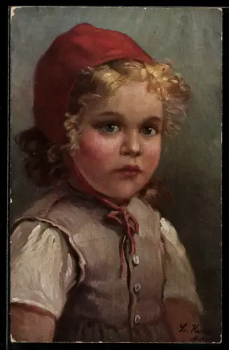 Künstler-AK sign. L. Kraus: Kleines Mädchen mit roter Kappe