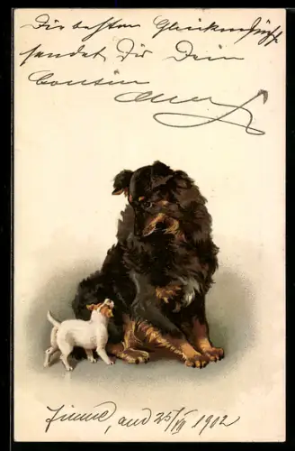 Lithographie Jagdhund mit neugierigem kleinen Besucher