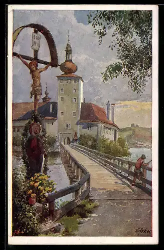 Künstler-AK E.F. Hofecker: Gmunden, Brücke zum Schloss Orth