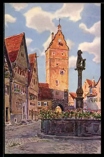Künstler-AK J. Marschall: Dinkelsbühl, Wörnitztor und Löwenbrunnen